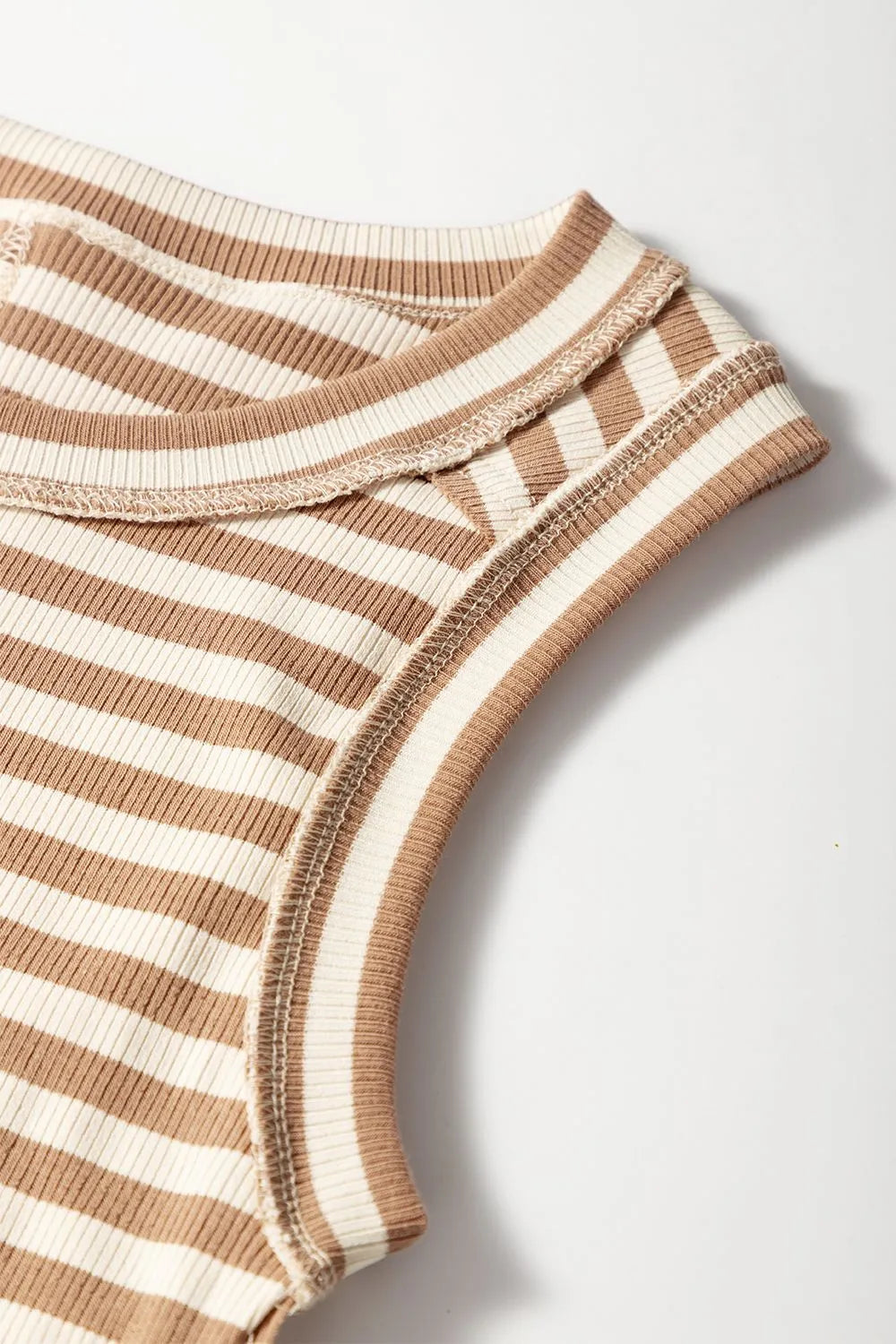 Stripe Exposed Seam Trim Round Neck Sleeveless Top