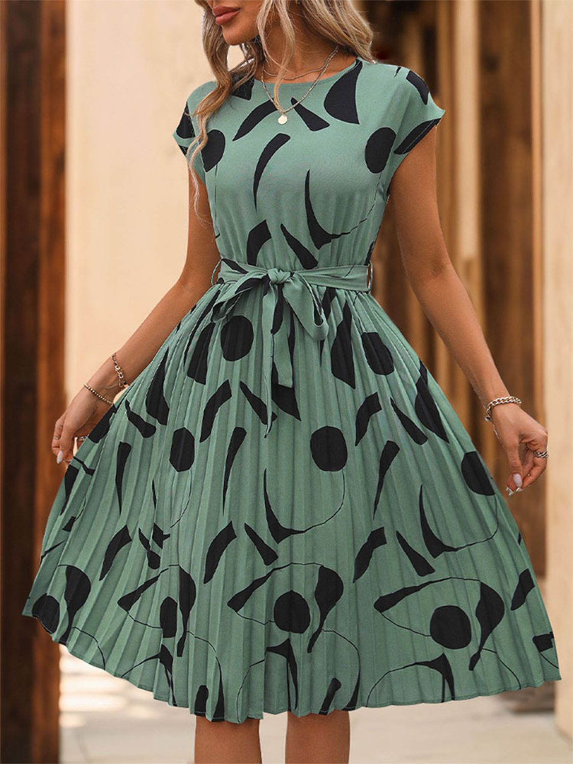 Perfee Tied Pleated Printed Cap Sleeve Dress Turquoise