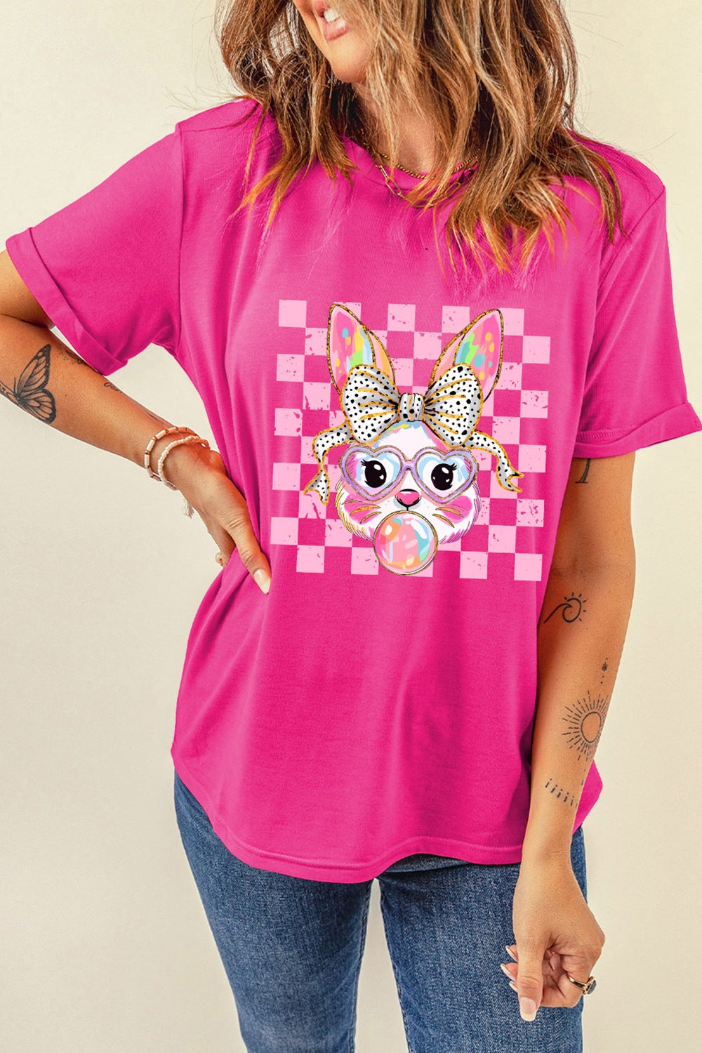 Rabbit Graphic Round Neck Short Sleeve T-Shirt Hot Pink