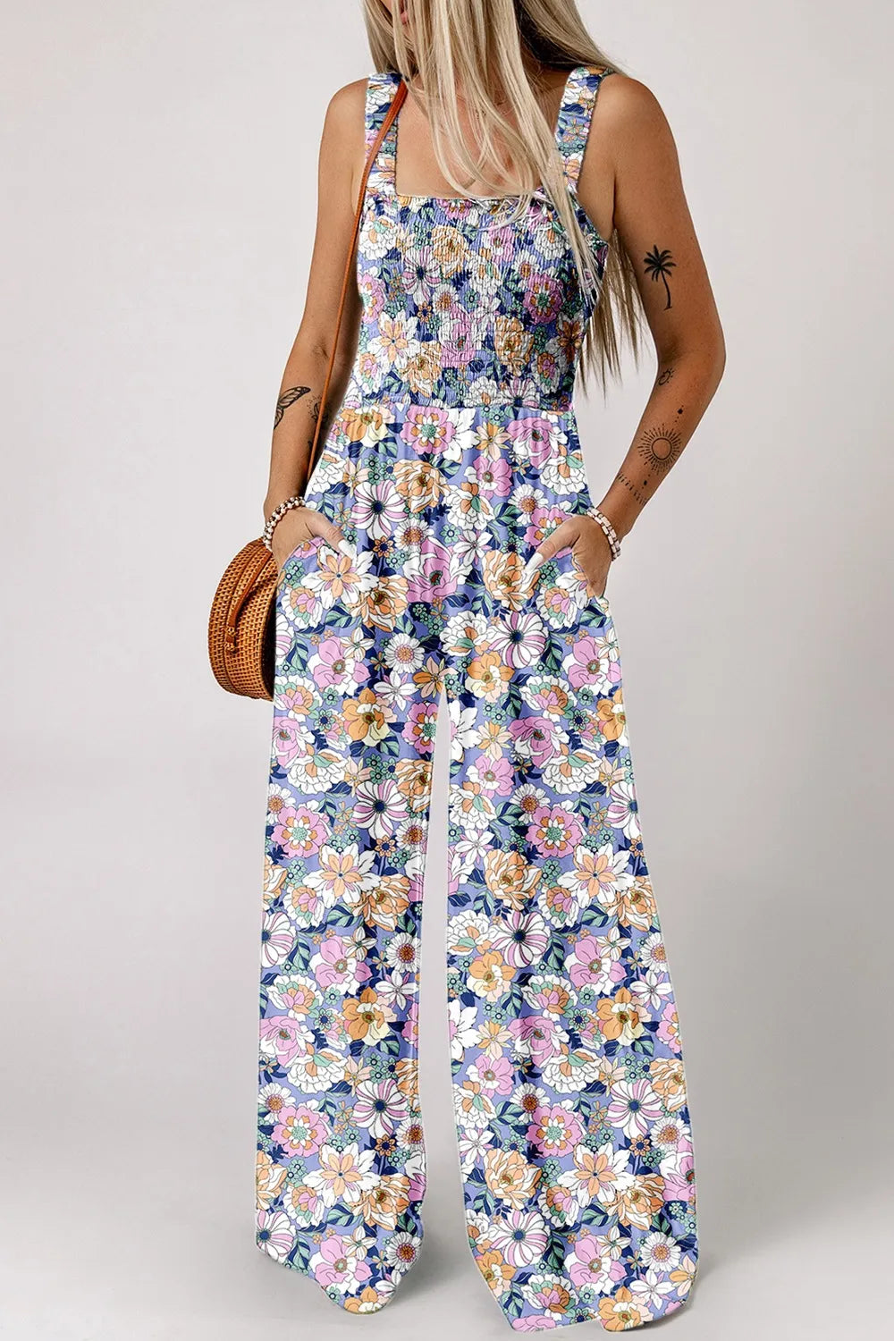 Floral Print Smocked High Waist Square Neck Jumpsuit Lavender