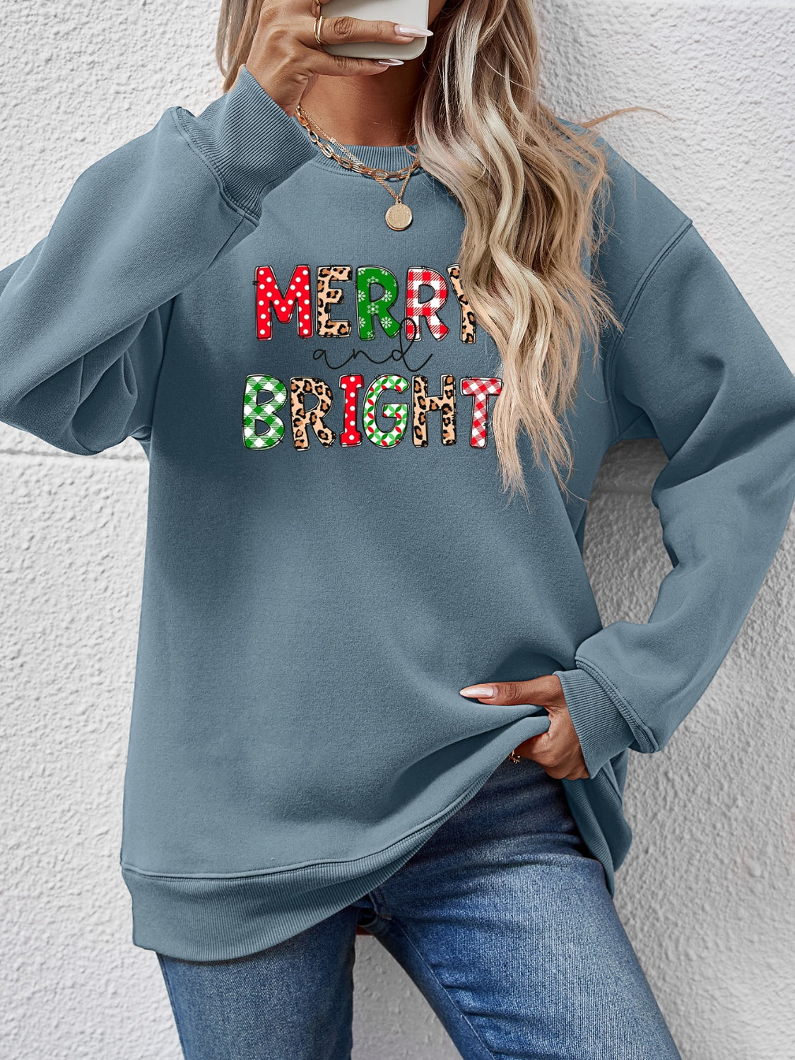 MERRY AND BRIGHT Round Neck Sweatshirt Teal
