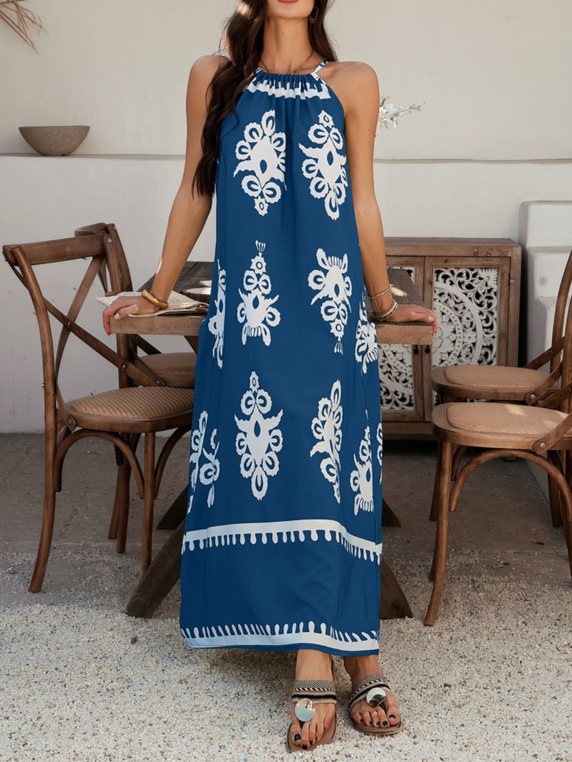 Devine Grecian Neck Printed Maxi Dress