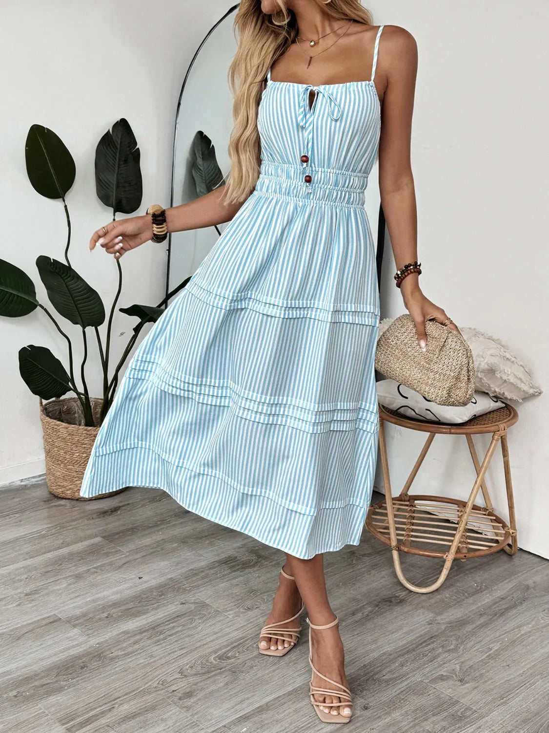 Striped Spaghetti Strap Midi Dress Pastel Blue