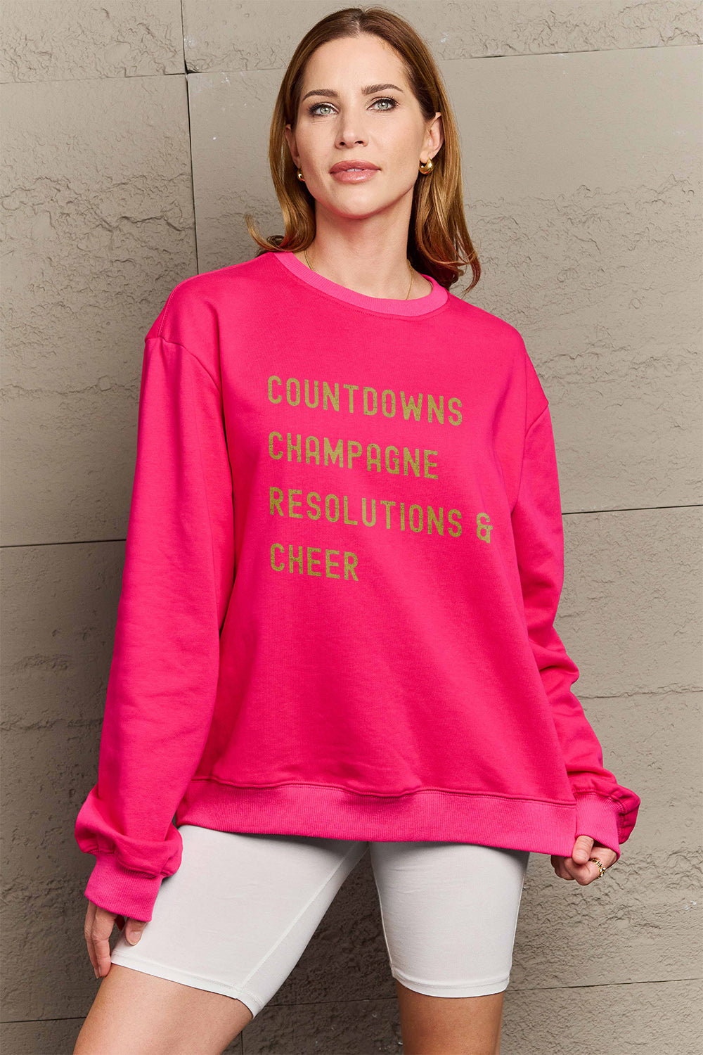 Simply Love Full Size COUNTDOWNS CHAMPAGNE RESOLUTIONS & CHEER Round Neck Sweatshirt Hot Pink