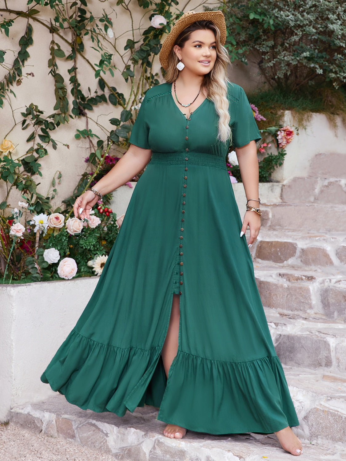 Plus Size Button Detail V-Neck Short Sleeve Maxi Dress Deep Teal