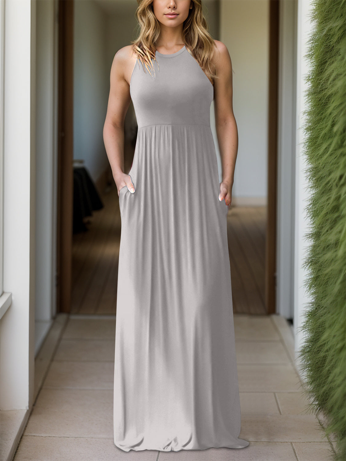 Full Size Grecian Neck Dress with Pockets Light Gray