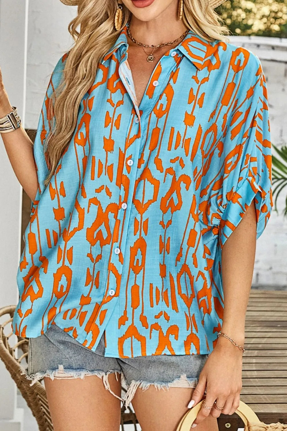 Abstract Print Dolman Short Sleeve Western Loose Shirt Teal
