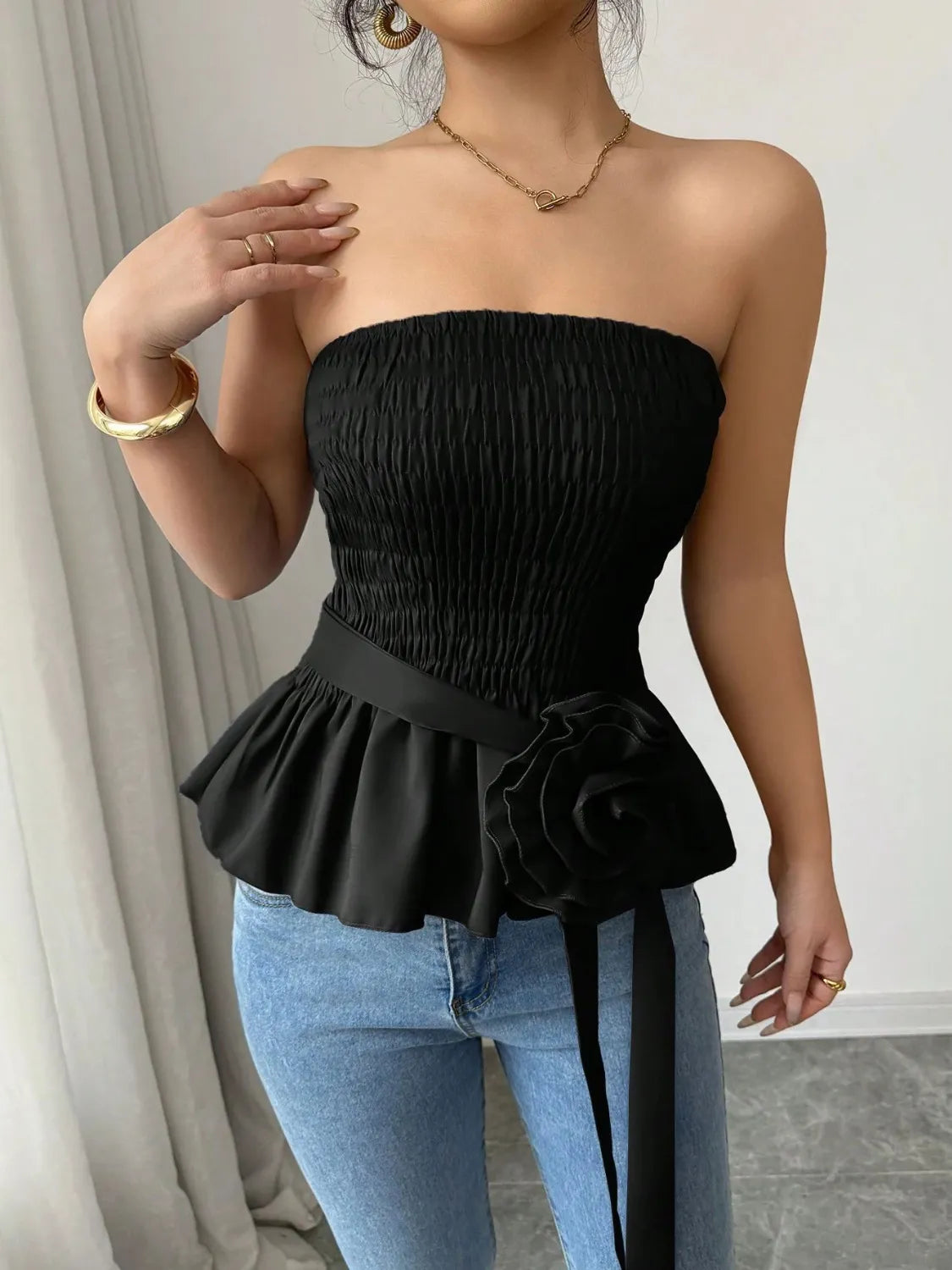 Flower Smocked Tube Top Black