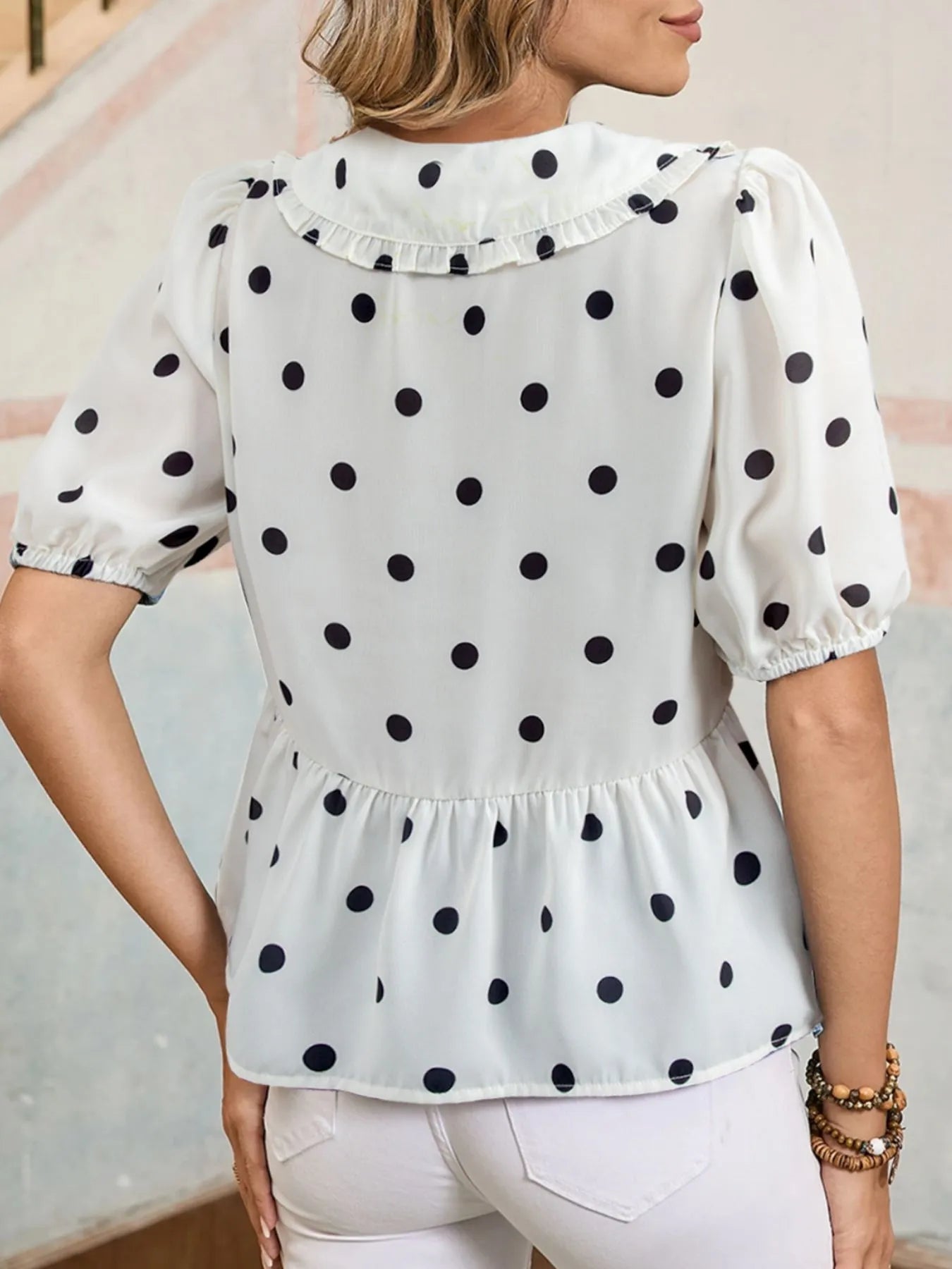 Polka Dot Collared Puff Sleeve Peplum Top