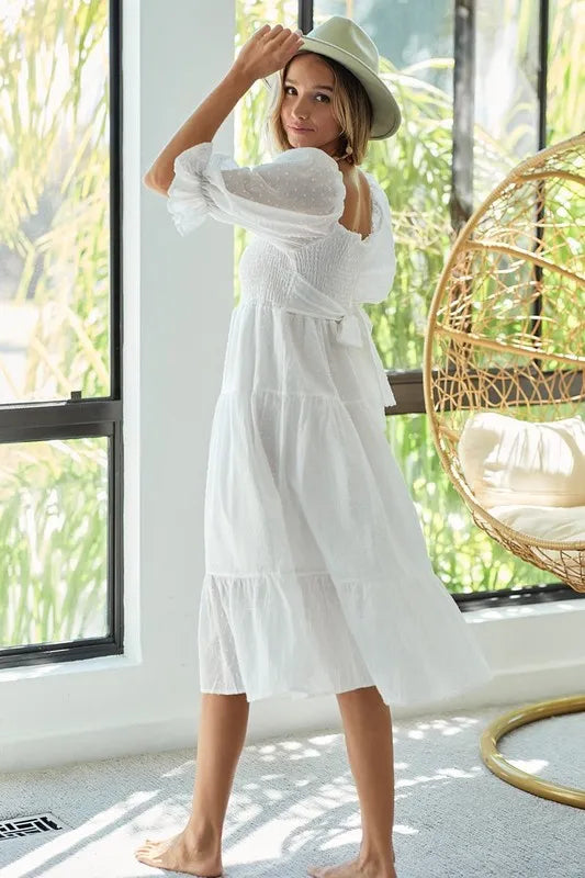 BiBi Swiss Dot Flounce Sleeve Smocked Tiered Midi Dress