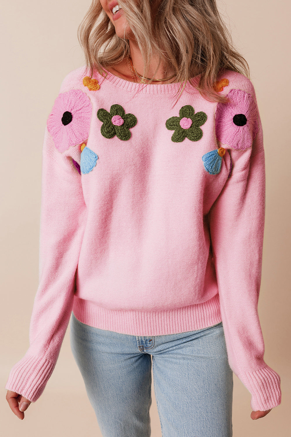Crochet Flower Round Neck Dropped Shoulder Sweater Blush Pink