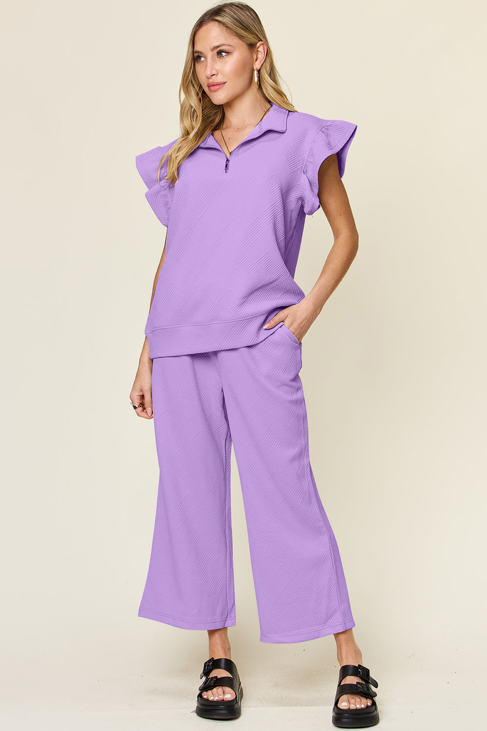 Double Take Texture Ruffle Short Sleeve Top and Drawstring Wide Leg Pants Set Lavender