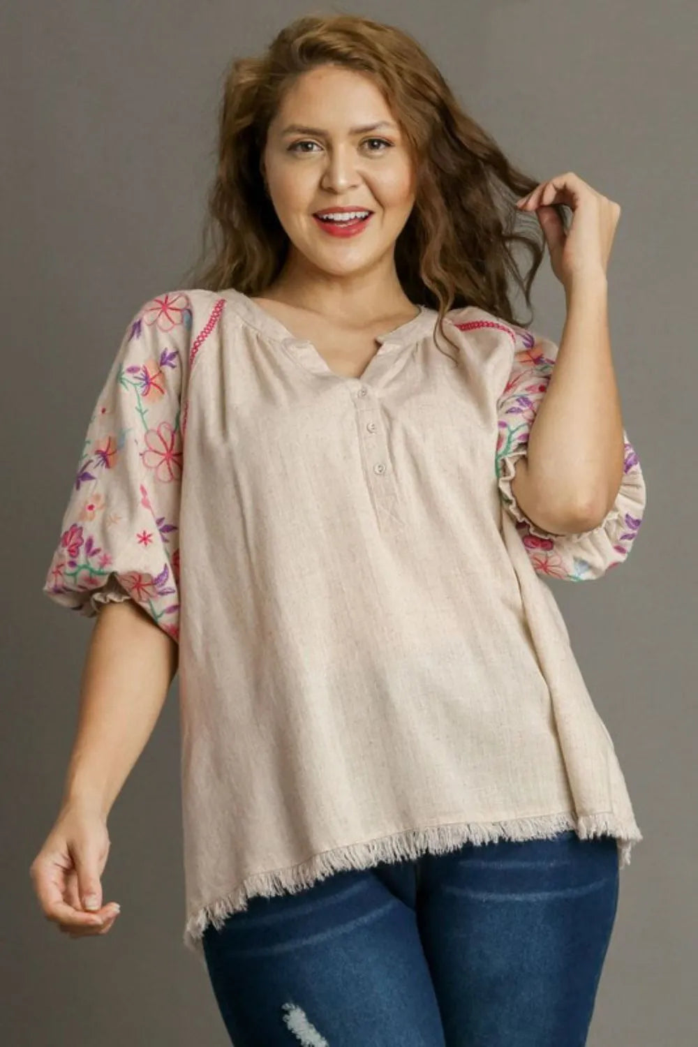Umgee Full Size Half Button Top with Embroidery Sleeves Plus Size