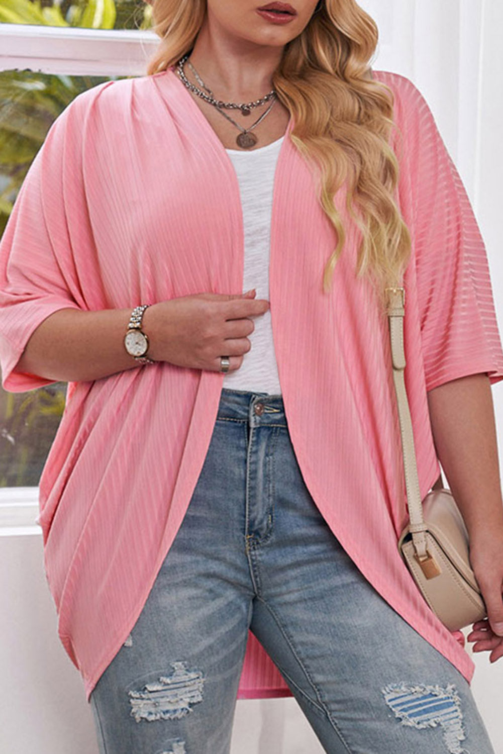 Plus Size Ribbed Cocoon Cover Up Pink