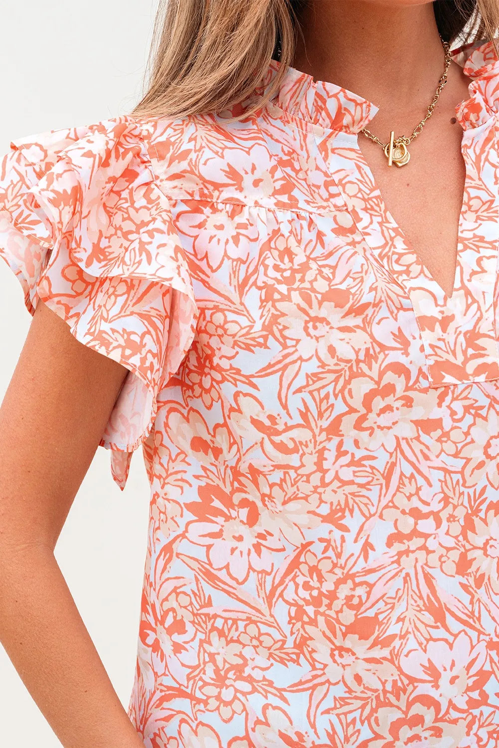 Floral Ruffle Sleeve Split Neck Blouse