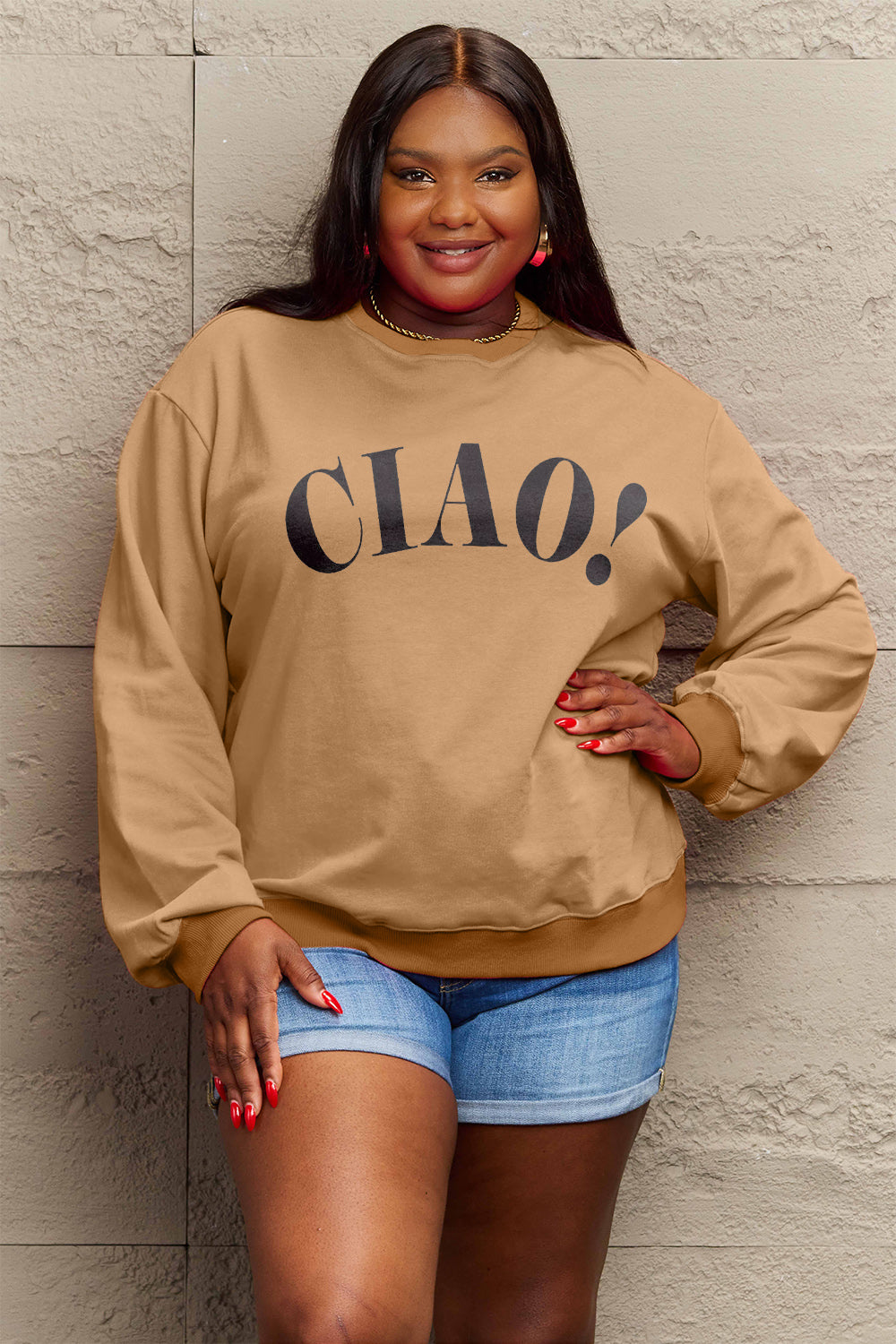 Simply Love Full Size CIAO!Round Neck Sweatshirt Camel