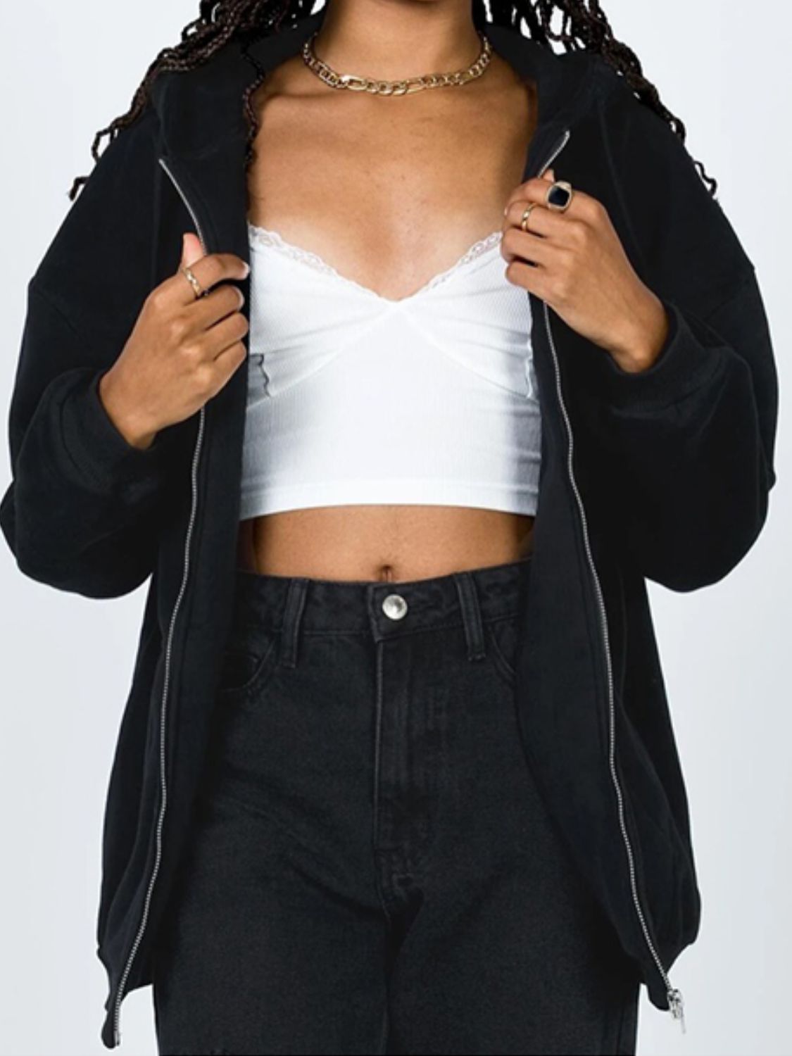 Zip-Up Drawstring Hoodie Black
