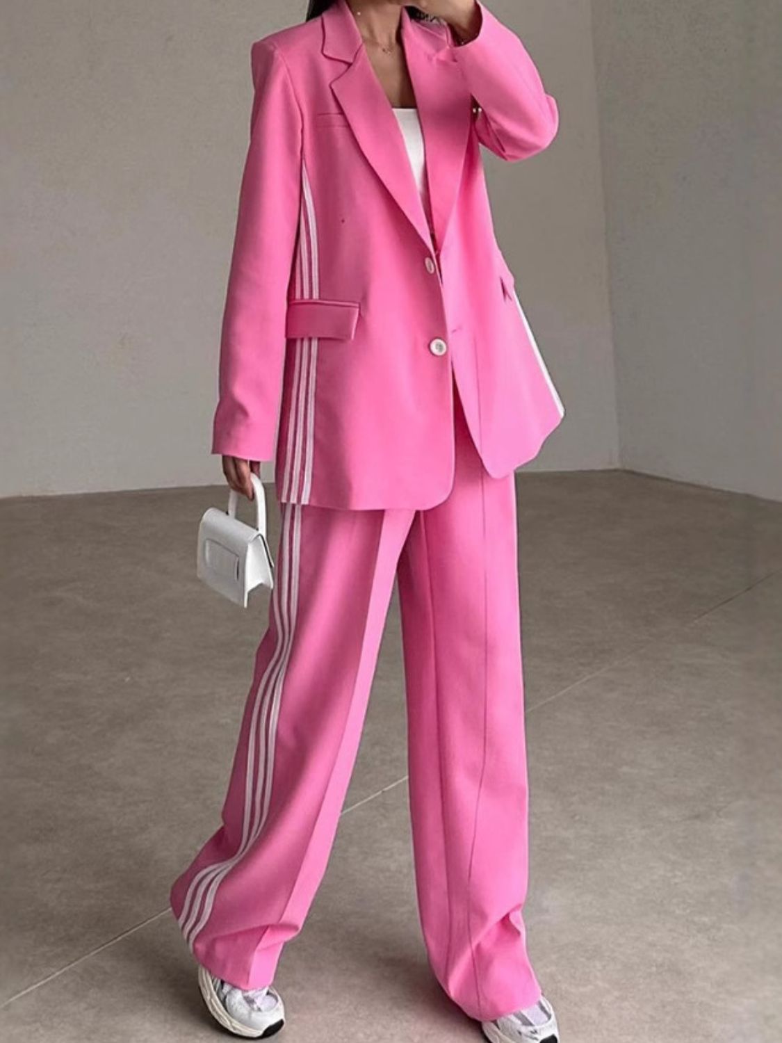 Side Striped Long Sleeve Blazer and Pants Set Hot Pink