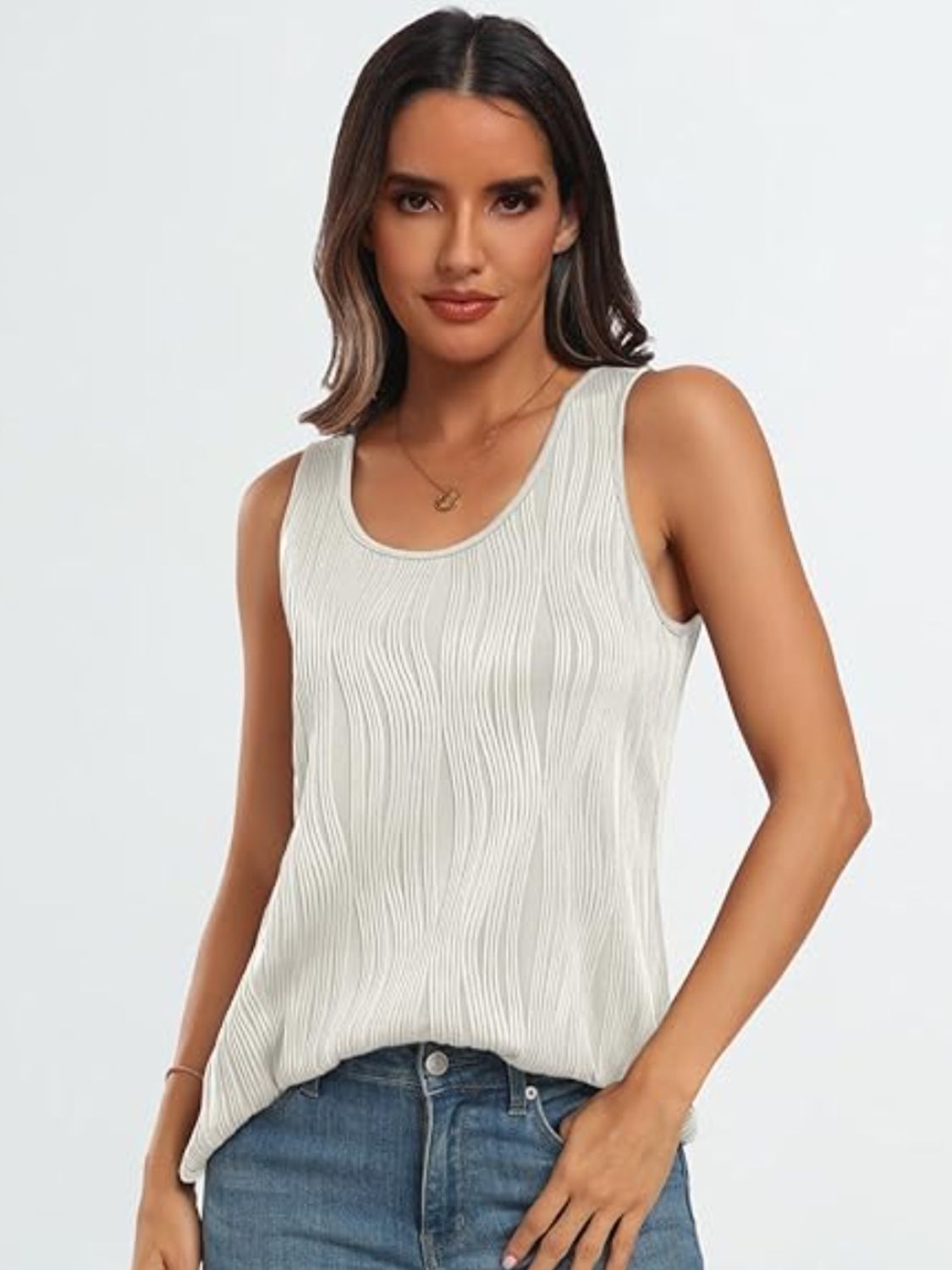 Round Neck Wide Strap Tank White
