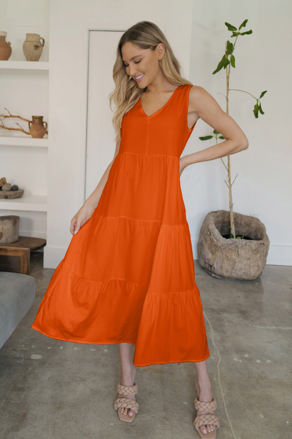FAM-FAM Tiered V-Neck Sleeveless Dress Orange