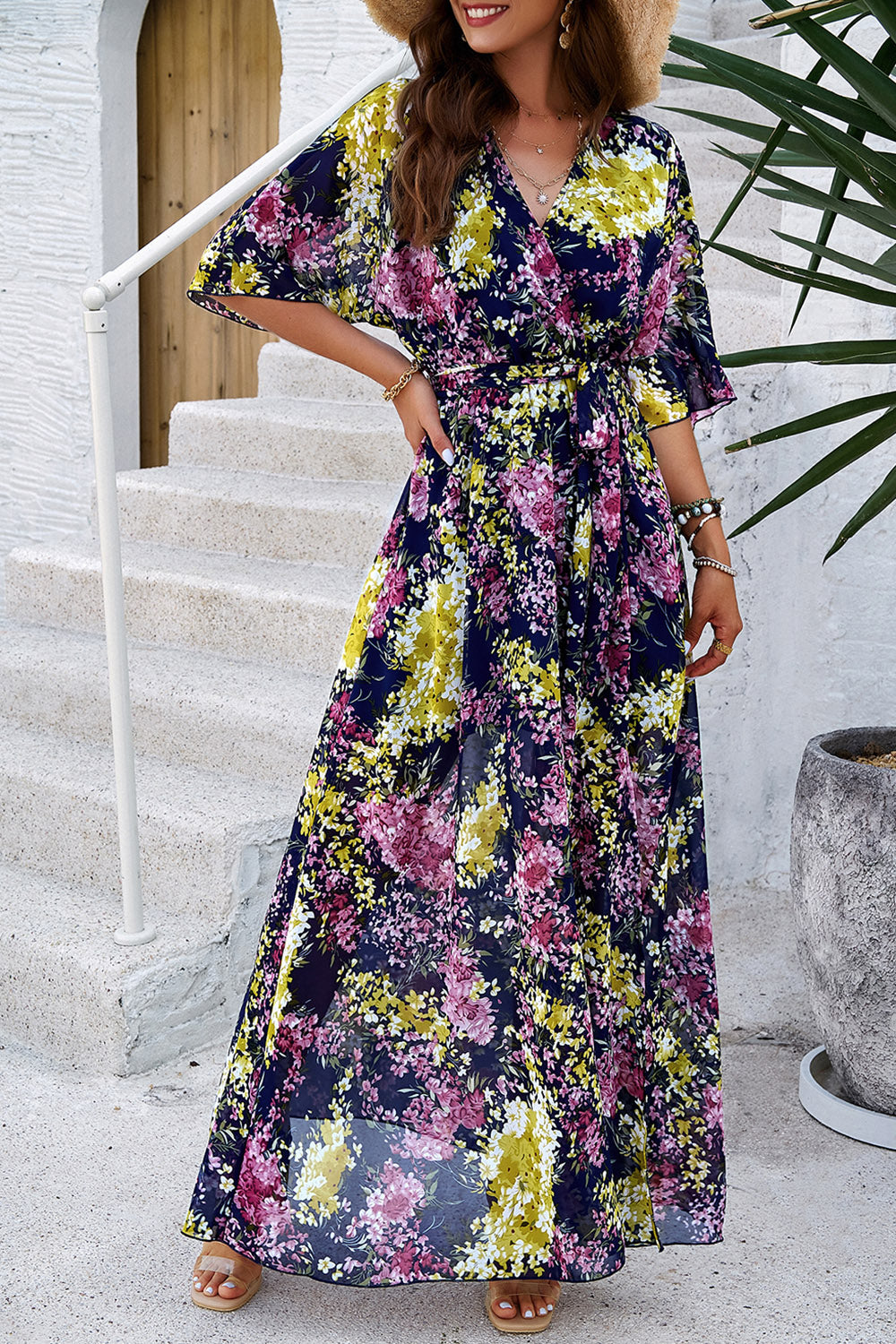 Devine Printed Tied Half Sleeve Slit Dress Dark Blue