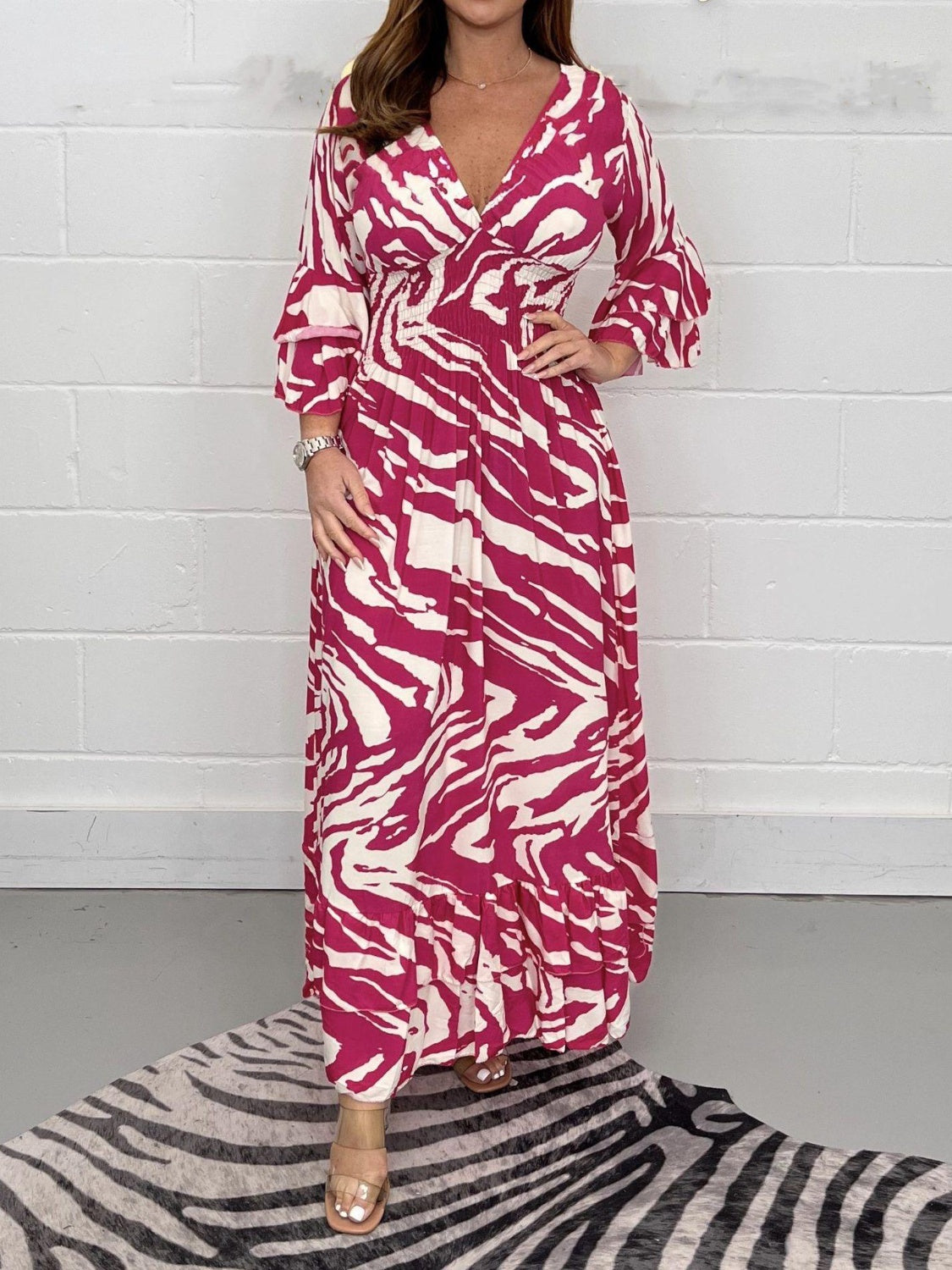 Smocked Printed Flounce Sleeve Maxi Dress Hot Pink