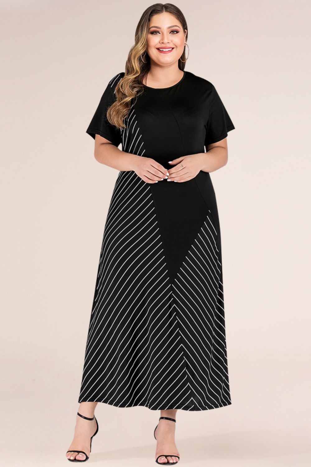 Plus Size Striped Color Block Tee Dress Black