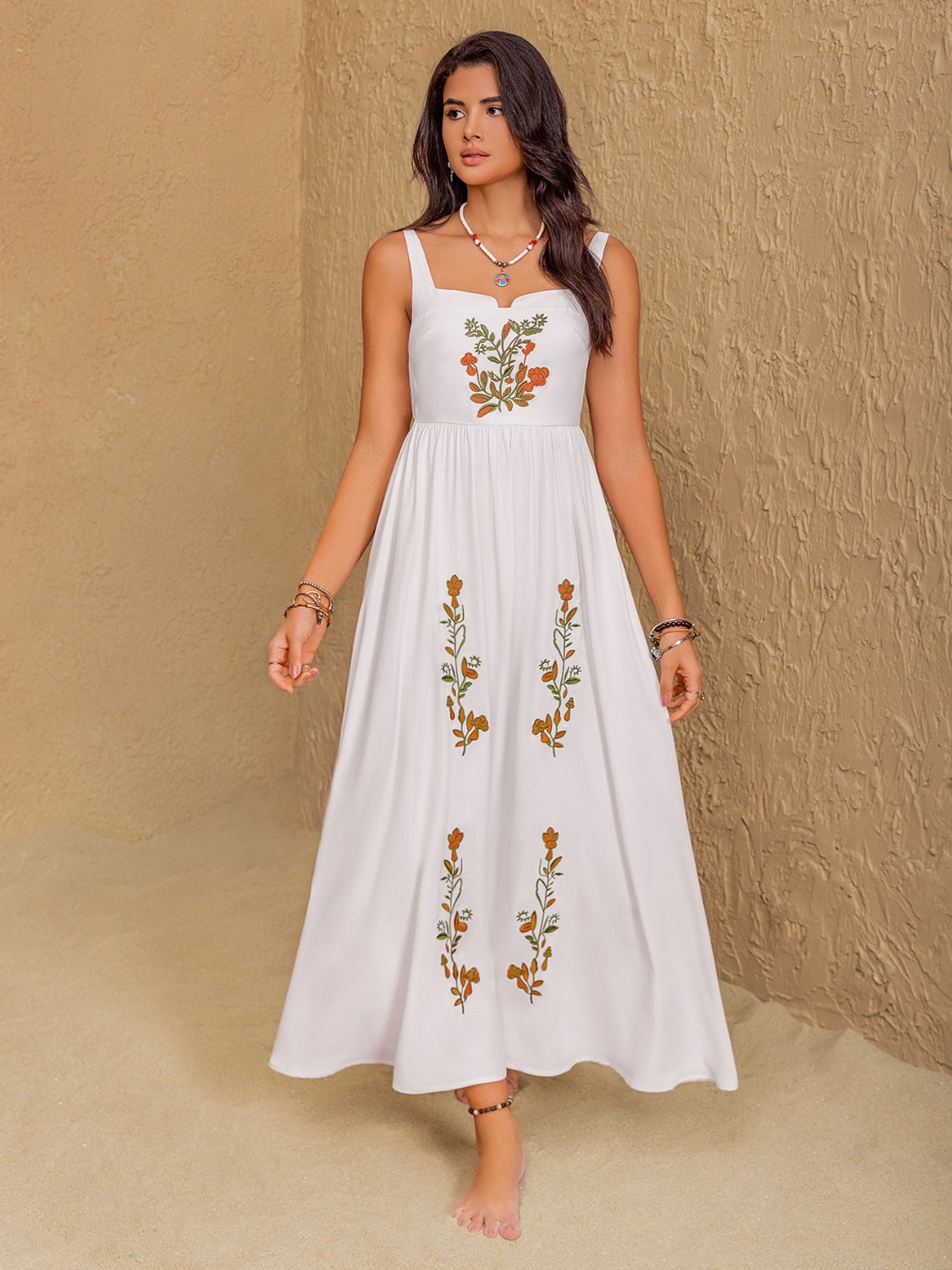Floral Embroidered Sleeveless Maxi Dress White