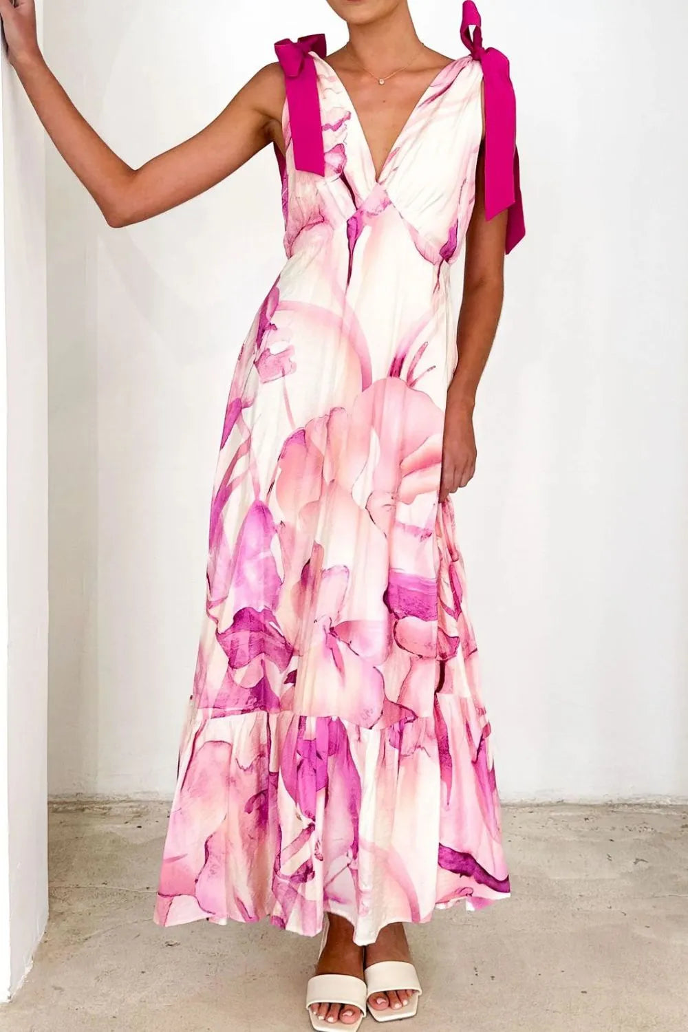 Printed V-Neck Tie Shoulder Midi Cami Dress Fuchsia Pink