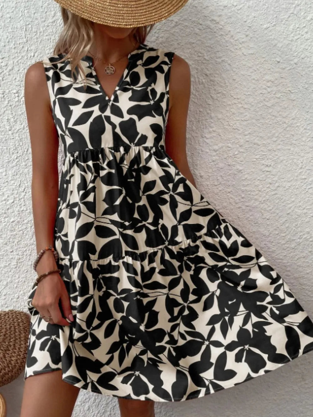 Printed Notched Sleeveless Mini Dress Black