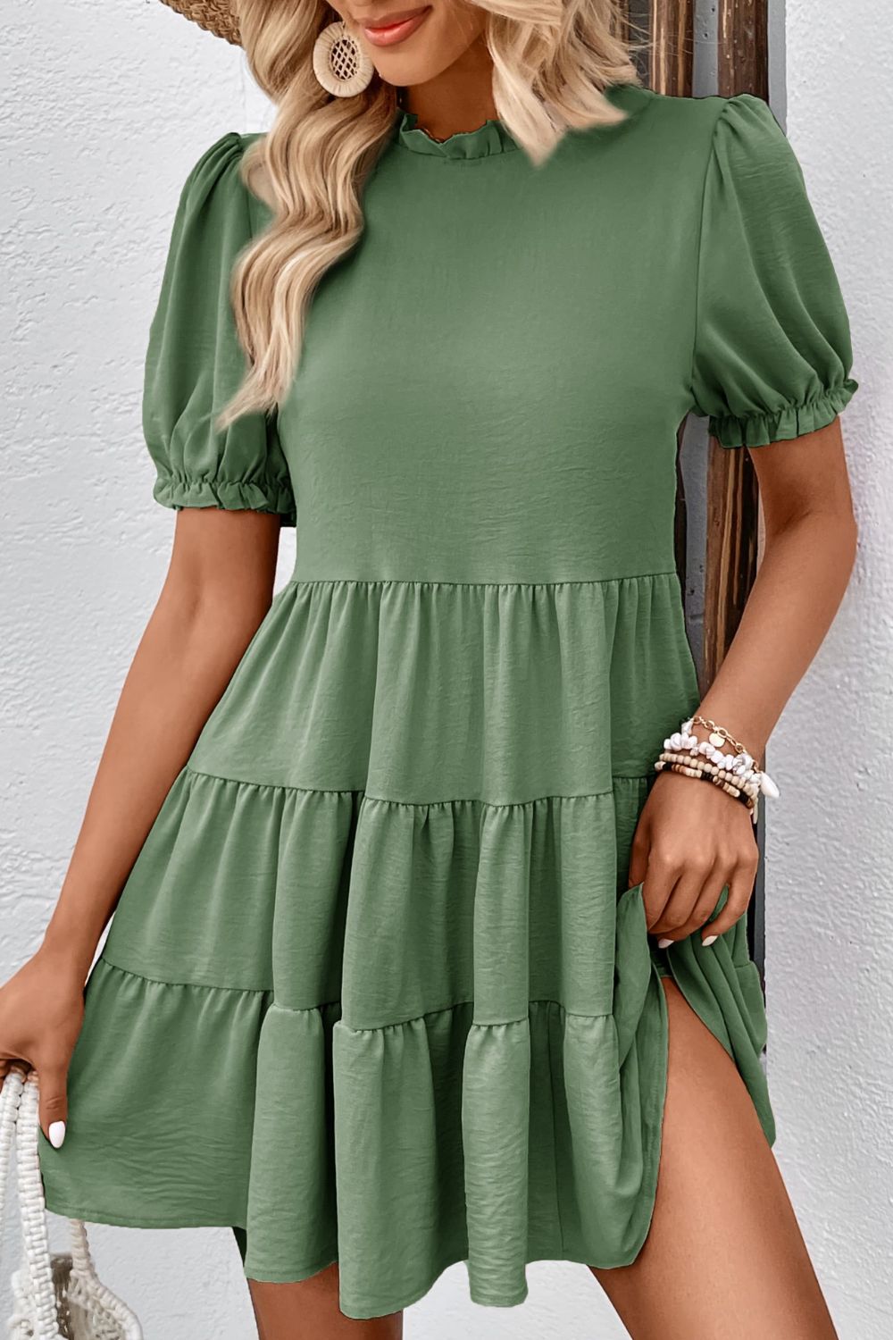 Perfee Puff Sleeve Tie Back Tiered Dress Matcha Green