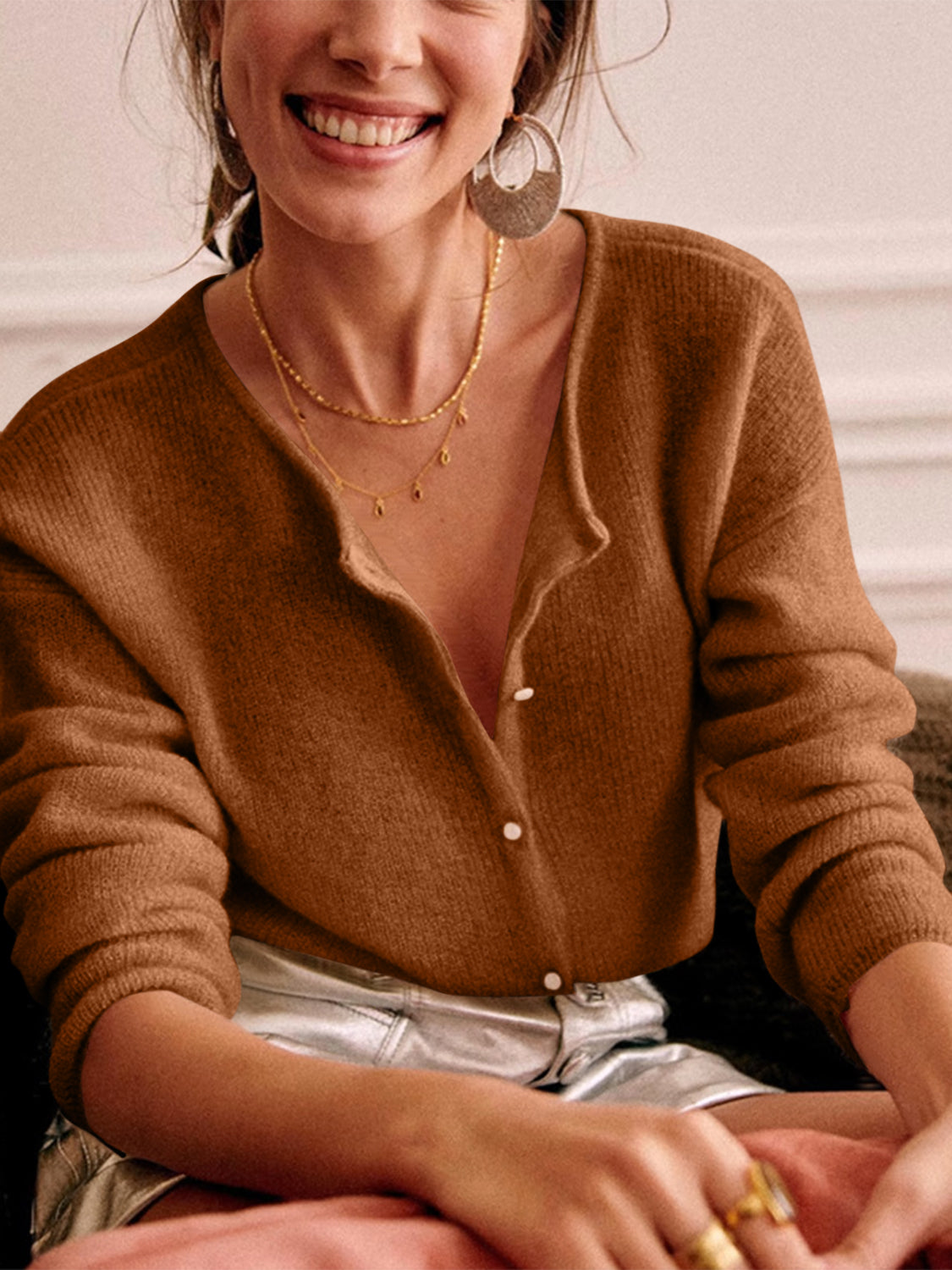 Button Down Long Sleeve Sweater Caramel