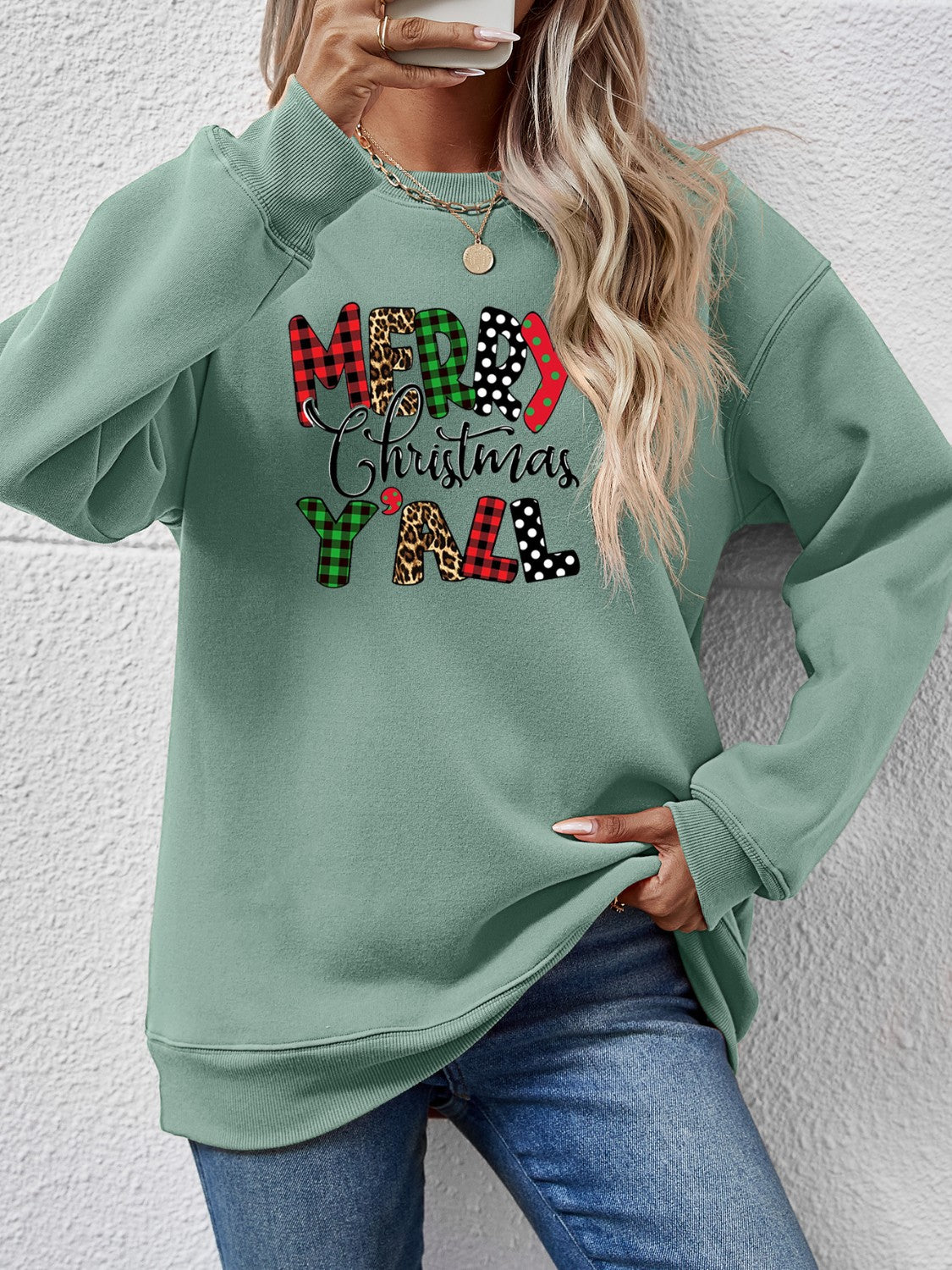 Letter Graphic Round Neck Long Sleeve Sweatshirt Sage
