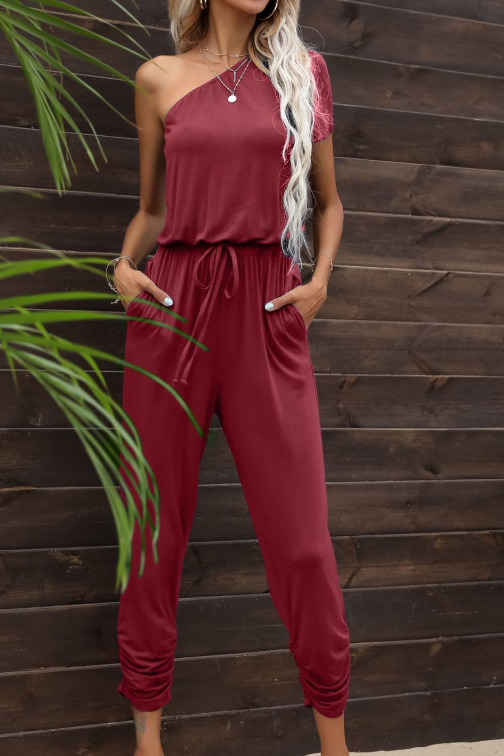 Drawstring Waist One-Shoulder Jumpsuit with Pockets Wine