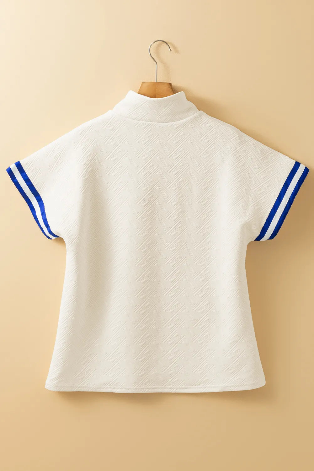 Striped Trim Textured Quarter Zipper Short Sleeve Top
