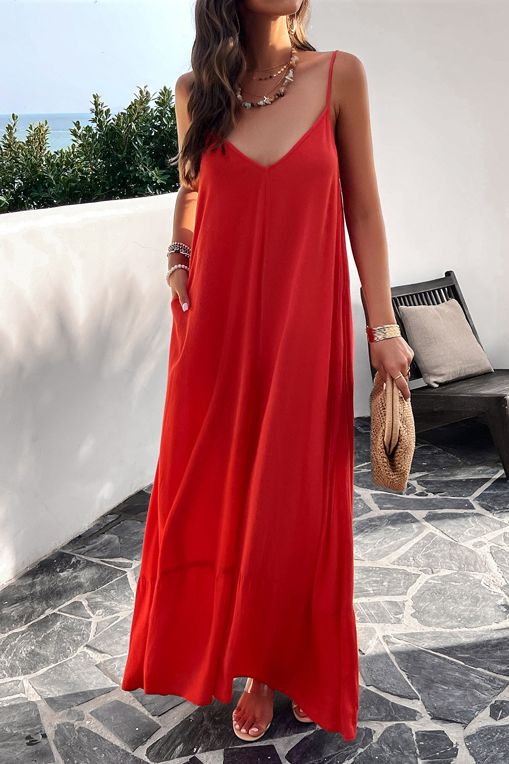 Devine Backless Maxi Cami Dress with Pockets Deep Red