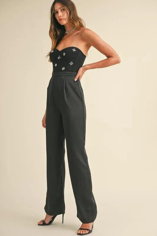 MABLE Rhinestone Applique Bustier Jumpsuit