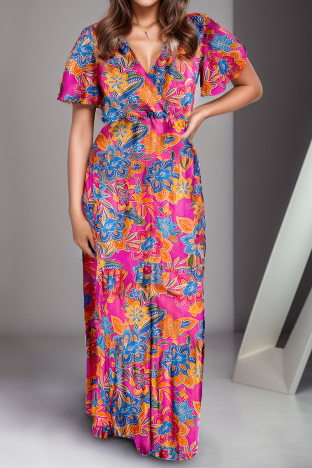 Printed Surplice Short Sleeve Maxi Dress Multicolor