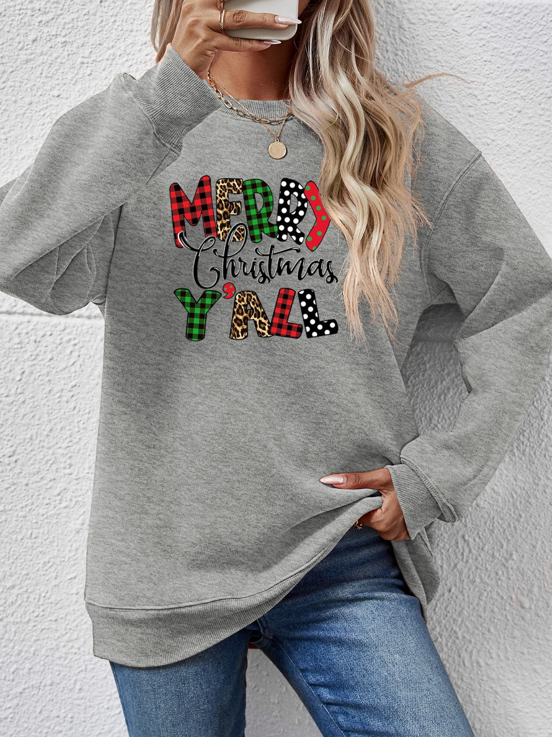 Letter Graphic Round Neck Long Sleeve Sweatshirt Charcoal