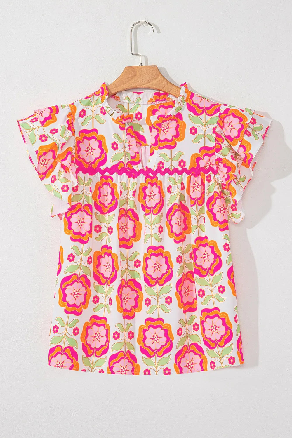 Floral Ruffled Sleeve Ric-Rac Trim Split Neck Loose Blouse