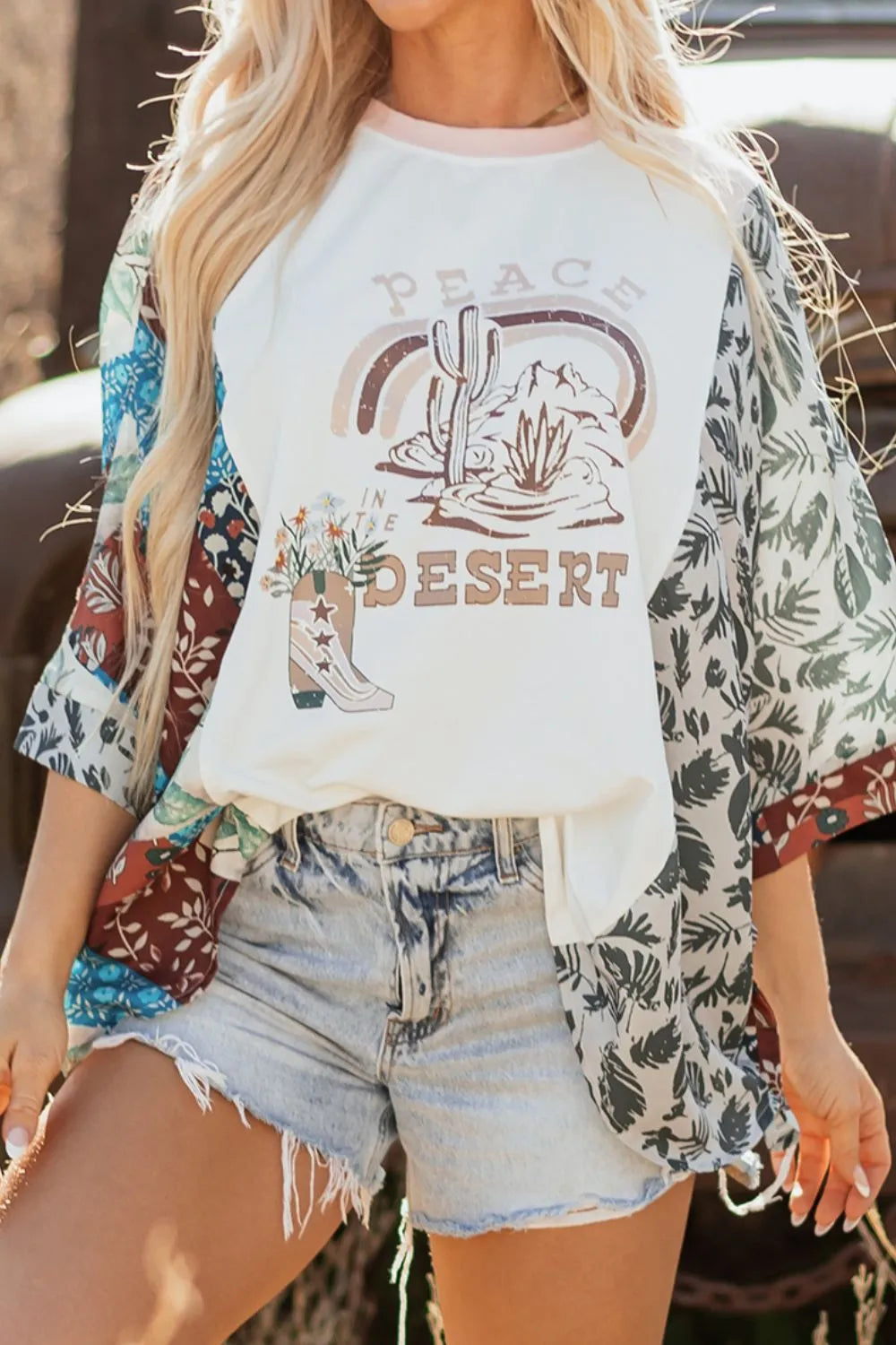 Peace Desert Graphic Asymmetric Printed Patchwork Sleeve Top