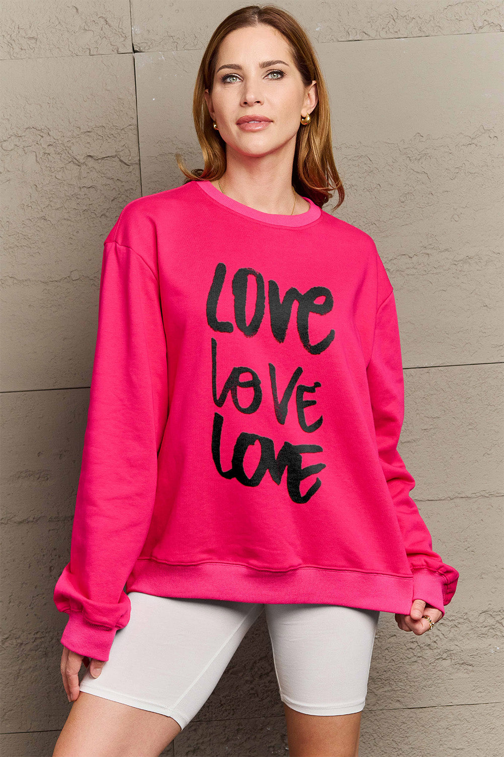 Simply Love Full Size LOVE Round Neck Sweatshirt Hot Pink