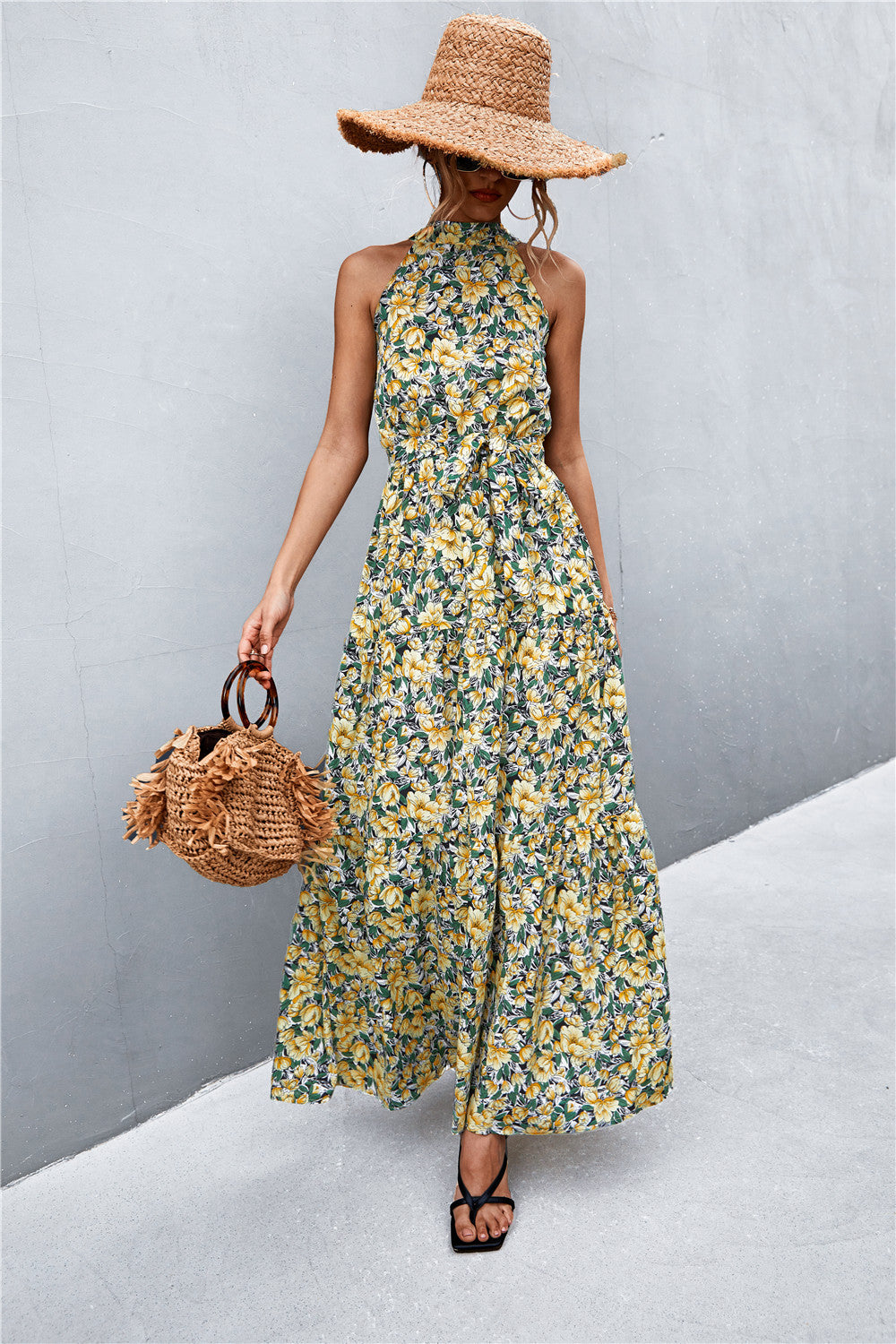 Printed Sleeveless Tie Waist Maxi Dress Yellow Floral