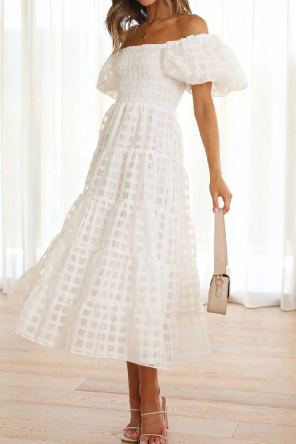 Off Shoulder Short Puff Sleeve Midi Dress White