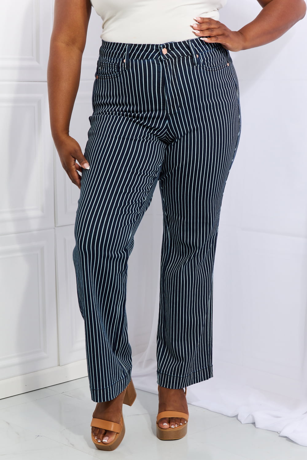 Judy Blue Cassidy Full Size High Waisted Tummy Control Striped Straight Jeans Deep Teal