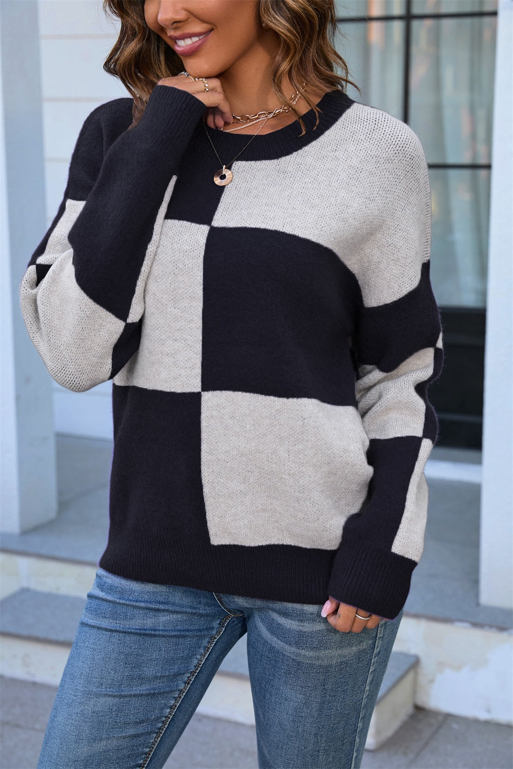 Angel Wings Color Block Round Neck Dropped Shoulder Sweater Black