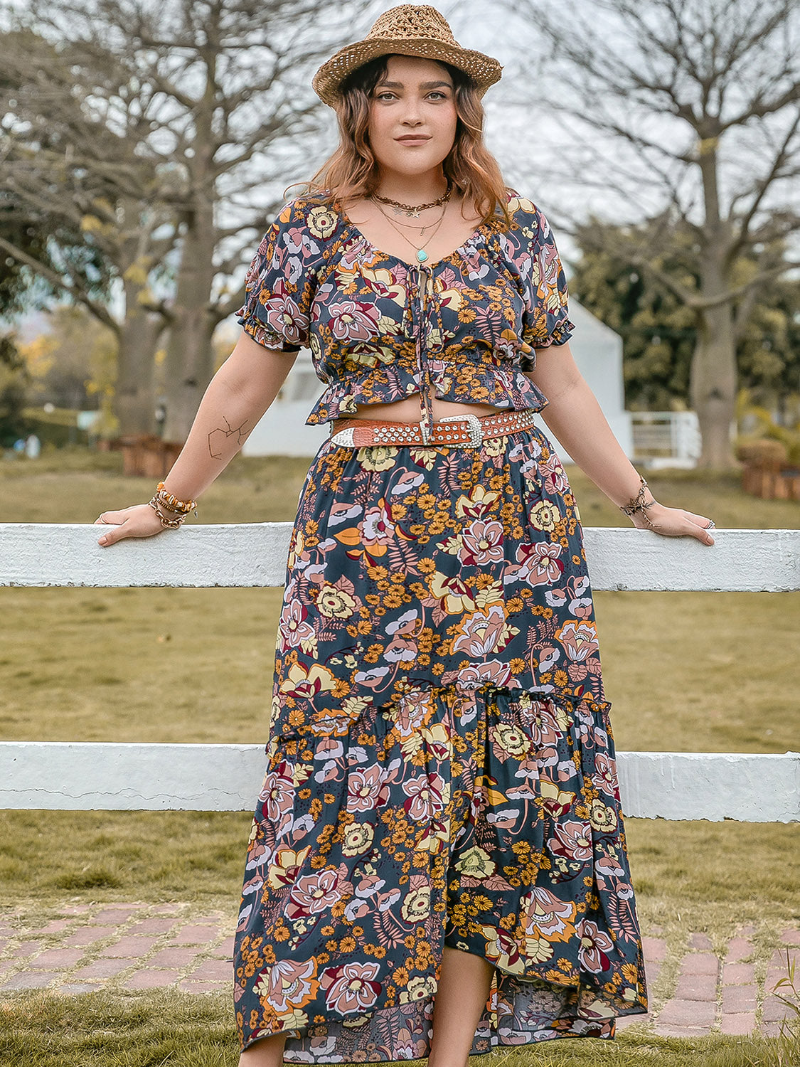 Plus Size Tie Neck Short Sleeve Top and Skirt Set Multicolor