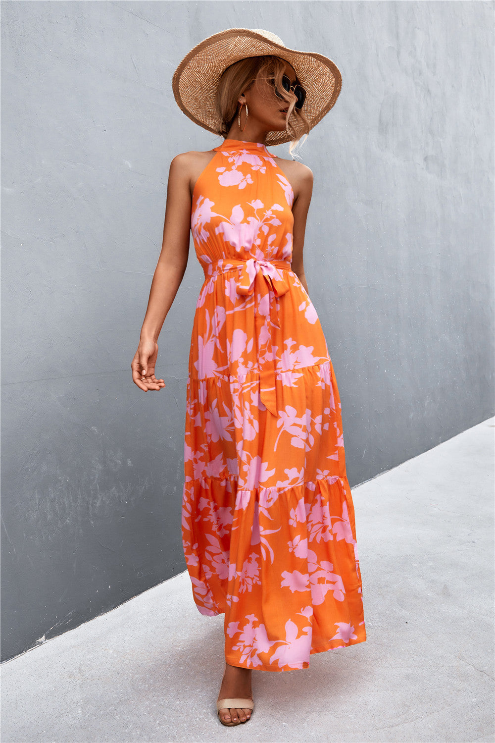 Printed Sleeveless Tie Waist Maxi Dress Orange Floral