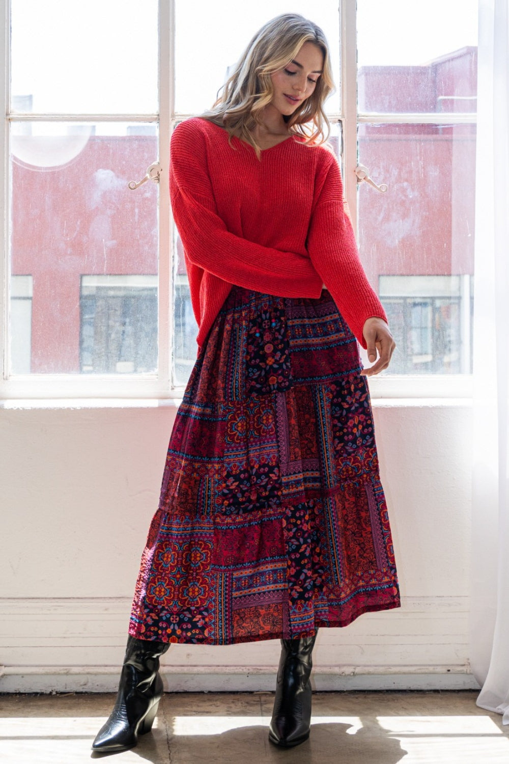ODDI Full Size Printed Tiered Maxi Skirt Red