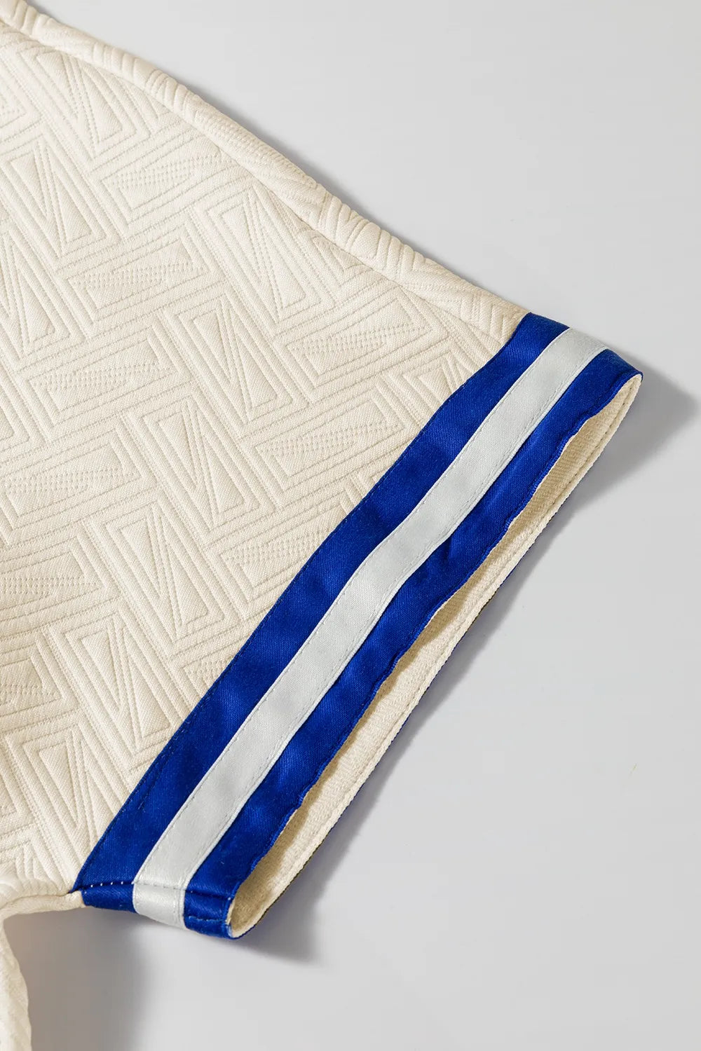 Striped Trim Textured Quarter Zipper Short Sleeve Top